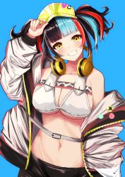 Rule 34 | 1girl, absurdres, badge, bikini, bikini top only, blue background, breasts, fate/grand order, fate (series), grin, headphones, headphones around neck, highres, jacket, multicolored hair, navel, nuts (hazel-nuts), sei shounagon (fate), sei shounagon (swimsuit berserker) (fate), shorts, simple background, smile, solo, swimsuit, twintails, visor cap, white bikini, yellow eyes