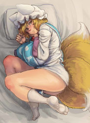 Rule 34 | 1girl, ass, blonde hair, breasts, chanta (ayatakaoisii), head rest, expressionless, fingernails, fox tail, from above, hat, huge breasts, legs, looking at viewer, lying, multiple tails, nose, on side, pillow, short hair, socks, solo, tail, thighs, touhou, yakumo ran, yellow eyes