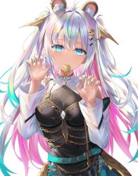 Rule 34 | 1girl, absurdres, animal ear fluff, animal ears, antenna hair, black dress, blue eyes, blue hair, claw pose, colored inner hair, cookie, cookieswirlc, dress, food, food in mouth, green nails, grey hair, hair between eyes, hair ornament, highres, indie virtual youtuber, long sleeves, looking at viewer, mole, mole under eye, mouth hold, multicolored hair, nail polish, pink hair, rin yuu, solo, streaked hair, upper body, virtual youtuber