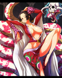 Rule 34 | 1girl, amazon lily, amazon warrior, black hair, blush, boa hancock, breasts, cleavage, earrings, female focus, huge breasts, jewelry, long hair, midriff, nekomamire, one piece, red footwear, salome (one piece), shoes, skull, snake
