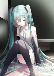 Rule 34 | 1girl, bad id, bad pixiv id, black footwear, black skirt, black sleeves, blue hair, blue necktie, boots, closed eyes, closed mouth, collared shirt, detached sleeves, hair between eyes, hair ornament, hatsune miku, highres, indoors, long hair, long sleeves, miniskirt, necktie, pleated skirt, rain (aaru), shirt, sitting, skirt, sleeveless, sleeveless shirt, smile, solo, thigh boots, thighhighs, twintails, very long hair, vocaloid, white shirt, wing collar, zettai ryouiki