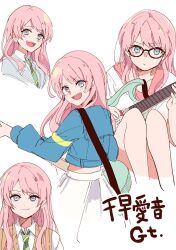 Rule 34 | 1girl, :d, absurdres, bang dream!, bang dream! it&#039;s mygo!!!!!, black-framed eyewear, blue eyes, blue shirt, chihaya anon, closed mouth, collared shirt, commentary request, cropped legs, cropped torso, diagonal-striped clothes, diagonal-striped necktie, electric guitar, glasses, green necktie, grey jacket, guitar, highres, holding, holding instrument, hood, hood down, hoodie, instrument, jacket, knees up, long hair, long sleeves, multiple views, necktie, open mouth, pink hair, puffy long sleeves, puffy sleeves, school uniform, shirt, simple background, sitting, skirt, smile, striped clothes, sweater vest, translation request, watanuki (enu), white background, white hoodie, white shirt, white skirt