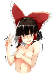 Rule 34 | 1girl, black eyes, black hair, blunt bangs, blush, bow, breasts, covering privates, covering breasts, deetamu, embarrassed, hair bow, hair tubes, hakurei reimu, hand up, highres, long hair, looking at viewer, medium breasts, navel, nervous smile, nude, red bow, simple background, smile, solo, touhou, trembling, upper body, v, white background