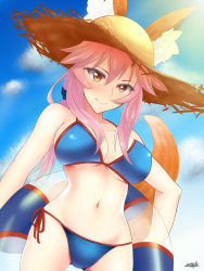 Rule 34 | 10s, 1girl, animal ears, bare shoulders, bikini, blue bikini, blue sky, blush, bow, breasts, chevalier ff14, cleavage, closed mouth, collarbone, commentary request, day, ears through headwear, eyebrows, fate/extra, fate/grand order, fate (series), fox ears, fox tail, groin, hair between eyes, hair bow, hat, highres, innertube, large breasts, looking at viewer, navel, pink hair, side-tie bikini bottom, sideboob, signature, sky, smile, solo, stomach, sun hat, swim ring, swimsuit, tail, tamamo (fate), tamamo no mae (fate/extra), tamamo no mae (swimsuit lancer) (fate), yellow eyes