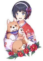 Rule 34 | 1girl, 2018, :d, animal, animal hug, black hair, blue eyes, blush, chinese zodiac, dog, fingernails, floral print, flower, hair ornament, hairband, highres, japanese clothes, kimono, long sleeves, looking at viewer, nagu, open mouth, original, print kimono, red flower, red kimono, round teeth, short hair, simple background, smile, solo, tassel, teeth, thick eyebrows, upper teeth only, white background, white hairband, wide sleeves, year of the dog