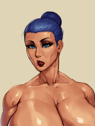 Rule 34 | 1girl, blue eyes, blue hair, breasts, brown background, hair bun, huge breasts, lipstick, looking at viewer, makeup, matching hair/eyes, nude, out-of-frame censoring, parted lips, rampage (leedash2), simple background, single hair bun, solo, upper body