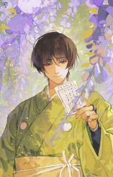 Rule 34 | 1boy, black hair, brown hair, closed mouth, day, flower, giving, green kimono, hand up, holding, holding paper, ishikirimaru, japanese clothes, kimono, light particles, logo, looking at viewer, male focus, mengxiaheqing, nature, obi, paper, purple eyes, sash, smile, solo, touken ranbu, upper body, watermark, web address, wisteria