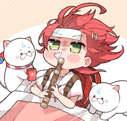 Rule 34 | 1girl, 35p (sakura miko), backpack, bag, blush stickers, chibi, cold pack, empty eyes, flute, futon, green eyes, hair ornament, hairclip, highres, holding, holding flute, holding instrument, hololive, instrument, jitome, kukie-nyan, kyoufuu all back (vocaloid), official alternate costume, recorder, red bag, red hair, sailor collar, sakura miko, sakura miko (school uniform), school uniform, shirt, short sleeves, sick, solo, virtual youtuber, white sailor collar, white shirt