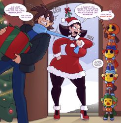 Rule 34 | 1boy, 1girl, angry, artist name, assertive female, black pantyhose, blue scarf, blush, box, breasts, brown hair, capcom, christmas, christmas tree, clenched teeth, cobat, cosplay, curvy, dated, doorway, dress, earrings, english text, eric cartman, eric cartman (cosplay), fishing rod, fur trim, gift, gift box, hand on own hip, hat, highres, holding, holding gift, jacket, jewelry, kenny mccormick, kenny mccormick (cosplay), kyle broflovski, kyle broflovski (cosplay), large breasts, mega man (series), mega man legends (series), mega man volnutt, mistletoe, open mouth, pantyhose, platform footwear, red dress, red footwear, santa dress, santa hat, scarf, scarf pull, servbot (mega man), skull earrings, snow, south park, speech bubble, stacking, stan marsh, stan marsh (cosplay), standing, strangling, teeth, thick thighs, thighs, tron bonne (mega man), tsundere, wide hips