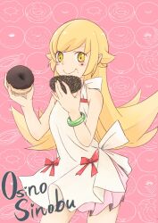 Rule 34 | 1girl, bakemonogatari, bare shoulders, blonde hair, blush stickers, bow, character name, crumbs, doughnut, dress, dress bow, fang, food, hair flaps, holding, holding food, monogatari (series), oshino shinobu, pink background, pointy ears, red bow, skin fang, smile, solo, white dress, yellow eyes, yuiuy123
