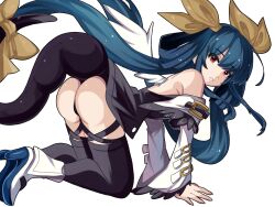 Rule 34 | 1girl, all fours, ass, bare shoulders, black panties, black tail, black thighhighs, blue hair, boots, breasts, cropped shirt, detached collar, dizzy (guilty gear), feathered wings, guilty gear, guilty gear xrd, high heel boots, high heels, highres, hina co 330, looking at viewer, panties, red eyes, single wing, solo, thigh strap, thighhighs, thighs, underwear, white background, white footwear, wide sleeves, wings