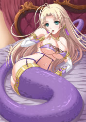 Rule 34 | 1girl, antenna hair, aqua eyes, ass, bed, blonde hair, breasts, chaki-yam, cleavage, earrings, female focus, finger in own mouth, garter belt, jewelry, lamia, large breasts, long hair, looking at viewer, lots of jewelry, lying, monster girl, navel, on side, pointy ears, solo, tongue, tongue out, underboob
