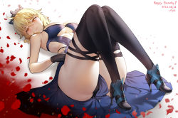 Rule 34 | 1girl, absurdres, ahoge, alternate breast size, artoria pendragon (alter swimsuit rider) (fate), artoria pendragon (alter swimsuit rider) (third ascension) (fate), artoria pendragon (fate), ass, black dress, black gloves, blonde hair, blush, breasts, clothing cutout, crown, dress, fate/grand order, fate (series), gloves, hair between eyes, high heels, highres, large breasts, looking at viewer, lying, on back, panties, pantyshot, petals, radjeong, revealing clothes, solo, stomach cutout, thighhighs, thighs, underwear, yellow eyes