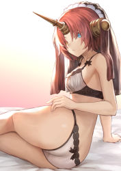 Rule 34 | 1girl, artist name, ass, blue eyes, bra, breasts, brown eyes, commentary request, fate/apocrypha, fate (series), frankenstein&#039;s monster (fate), gradient background, hair over eyes, headgear, heterochromia, highres, hip focus, horns, looking at viewer, looking to the side, mashuu (neko no oyashiro), medium breasts, panties, parted bangs, parted lips, pink hair, short hair, single horn, solo, thighs, underwear, underwear only, veil, white bra, white panties