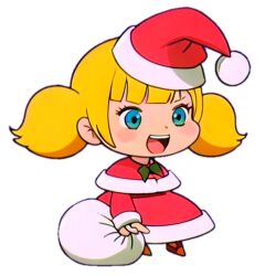 Rule 34 | 1girl, blue eyes, dic entertainment, happy, hat, inspector gadget, open mouth, padoru (meme), penny (inspector gadget), santa costume, santa hat, simple background, transparent background, twintails