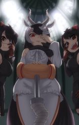 Rule 34 | 3girls, animal ears, antelope ears, antelope horns, apron, backlighting, bare shoulders, batten japari dan, black hair, blackbuck (kemono friends), cape, clip studio paint (medium), closed mouth, collared cape, eyepatch, fang, fingernails, frills, from below, gakukuru, gloves, grey hair, hair over one eye, hand rest, hand up, high collar, highres, horns, indoors, kemono friends, pantyhose under shorts, looking at viewer, looking down, medical eyepatch, medium hair, multicolored hair, multiple girls, open mouth, pantyhose, parted bangs, parted lips, planted, red eyes, shirt, shorts, sleeveless, sleeveless shirt, smile, swept bangs, tasmanian devil ears, two-tone hair, v, v-shaped eyebrows, v over eye, waist apron, weapon, wrist cuffs
