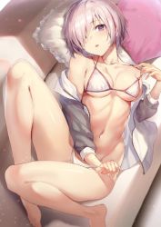 Rule 34 | 1girl, alternate costume, bare shoulders, bikini, blush, breasts, cleavage, collarbone, fate/grand order, fate (series), feet, grey jacket, hair over one eye, jacket, legs, light purple hair, looking at viewer, lying, mash kyrielight, medium breasts, navel, o-ring, on back, open clothes, open jacket, parted lips, pillow, purple eyes, short hair, sola (solo0730), solo, stomach, strap pull, swimsuit, thighs, white bikini