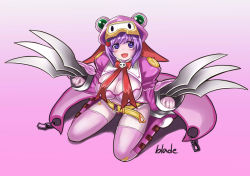 Rule 34 | 1girl, belt, blush, breasts, claws, fang, food, fruit, gloves, gradient background, looking at viewer, maron macaron, open mouth, pink background, pink gloves, purple eyes, purple hair, qblade, queen&#039;s blade, queen&#039;s gate, smile, solo, strawberry