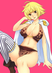 Rule 34 | 1girl, amazon lily, amazon warrior, asymmetrical clothes, bad id, bad pixiv id, blonde hair, breasts, cape, cleavage, epaulettes, jii, large breasts, marguerite (one piece), navel, one piece, short hair, simple background, single thighhigh, solo, striped, thighhighs