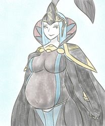 Rule 34 | 1girl, arete (fire emblem), aura, azura (fire emblem), big belly, blue hair, bodystocking, boots, breasts, cape, feathers, fire emblem, fire emblem fates, gloves, glowing, gold trim, hair ornament, highres, jellybeans2, large breasts, long sleeves, looking away, mature female, navel, nintendo, open mouth, pants, pregnant, short hair, simple background, solo, white background, yellow eyes