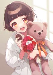 Rule 34 | 1girl, bouquet, brown hair, commission, dress, english text, flower, highres, indoors, kamogawa akira, looking at viewer, mother&#039;s day, orange eyes, original, short hair, skeb commission, smile, solo, stuffed animal, stuffed toy, sunlight, teddy bear, upper body, white dress