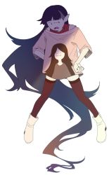 Rule 34 | absurdly long hair, adventure time, bite mark, black hair, boots, colored skin, fangs, full body, grey skin, hands on own hips, highres, long hair, marceline abadeer, open mouth, pointy ears, raised eyebrow, raya (uk 0128), solo, standing, thighhighs, very long hair, white background, white footwear