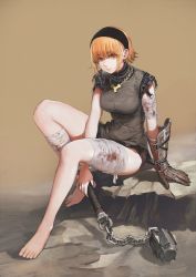 Rule 34 | 1girl, absurdres, bandages, barefoot, blonde hair, blood, feet, female focus, flail, gauntlets, hairband, highres, injury, jewelry, jun (navigavi), legs, morning star, necklace, original, red eyes, rock, short hair, short shorts, shorts, sitting, smile, solo, toes, weapon