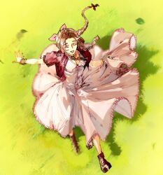 Rule 34 | 1girl, aerith gainsborough, bangle, boots, bracelet, braid, braided ponytail, breasts, brown footwear, brown hair, cleavage, closed eyes, cropped jacket, dress, final fantasy, final fantasy vii, final fantasy vii rebirth, final fantasy vii remake, from above, full body, grass, hair ribbon, jacket, jewelry, long dress, long hair, medium breasts, open mouth, outdoors, parted bangs, pink dress, pink ribbon, red jacket, ribbon, shio ga, short sleeves, sidelocks, single braid, smile, solo, wavy hair
