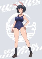 Rule 34 | 1girl, absurdres, animal ears, black hair, black socks, blue one-piece swimsuit, blush, brave witches, breasts, character name, cleavage, closed mouth, covered navel, hand on own hip, highres, large breasts, looking at viewer, one-piece swimsuit, rabbit ears, red eyes, shimohara sadako, shiny skin, short hair, socks, solo, swimsuit, tricky 46, world witches series