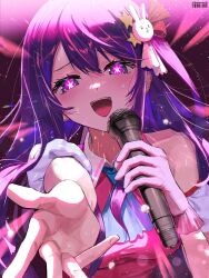 Rule 34 | 1girl, artist name, blue necktie, blush, dress, gloves, hair ornament, highres, holding, holding microphone, hoshino ai (oshi no ko), idol, long hair, looking at viewer, microphone, music, necktie, open mouth, oshi no ko, outstretched arm, pink dress, pink gloves, purple eyes, purple hair, rabbit hair ornament, reaching, reaching towards viewer, singing, single glove, solo, star-shaped pupils, star (symbol), sweat, symbol-shaped pupils, upper body, wisp (illothewisp)