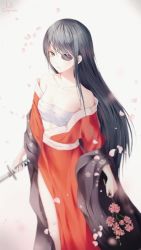 Rule 34 | 1girl, artist name, bare shoulders, black eyes, black hair, breasts, closed mouth, collarbone, commentary request, eyepatch, gintama, hair between eyes, highres, holding, holding sword, holding weapon, japanese clothes, katana, kimono, la campanella, long hair, looking at viewer, open clothes, petals, sarashi, small breasts, solo, standing, sword, weapon, yagyuu kyuubei
