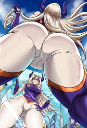 Rule 34 | 10s, 1girl, ass, ass focus, billboard, blonde hair, blue sky, bodysuit, boku no hero academia, boots, breasts, bryan lobdell, building, cameltoe, city, cloud, day, domino mask, from below, giant, giantess, gloves, hand on own hip, hand up, happy, horns, large breasts, long hair, looking at viewer, mask, mirror, mount lady, outdoors, parted lips, purple eyes, reflection, skin tight, sky, smile, standing, superhero costume, teeth, view between legs