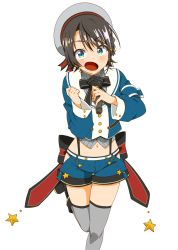 Rule 34 | 1girl, aqua eyes, armband, black bow, black bowtie, black footwear, black panties, blouse, blue jacket, blue shorts, boots, bow, bowtie, brown hair, buttons, commentary request, cropped jacket, cropped shirt, grey hat, grey shirt, grey thighhighs, hat, high collar, highres, hip vent, holding, holding microphone, hololive, homura minori, jacket, long sleeves, looking at viewer, microphone, midriff, music, navel, oozora subaru, oozora subaru (work), open mouth, panties, panty peek, pinstripe pattern, pinstripe shirt, sailor hat, shirt, short hair, shorts, simple background, singing, sleeve cuffs, solo, standing, standing on one leg, striped clothes, striped shirt, suspender shorts, suspenders, swept bangs, thighhighs, thighs, underwear, vertical-striped clothes, vertical-striped shirt, virtual youtuber, white background