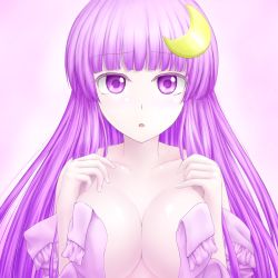 Rule 34 | 1girl, bare shoulders, breasts, cleavage, crescent, crescent hair ornament, crescent moon, female focus, hair ornament, highres, large breasts, long hair, moon, no bra, off shoulder, patchouli knowledge, purple eyes, purple hair, solo, touhou, y2