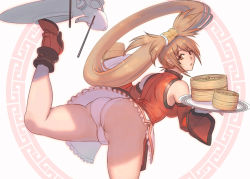 Rule 34 | 1girl, arc system works, ass, bare shoulders, bent over, boots, breasts, brown eyes, brown hair, chinese clothes, detached sleeves, from behind, guilty gear, hair ornament, high heel boots, high heels, kondou totetsu, kuradoberi jam, long hair, looking back, open mouth, panties, shoes, simple background, solo, standing, standing on one leg, tray, underwear, upskirt, waitress
