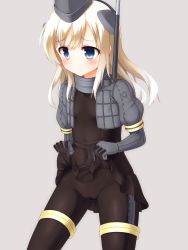 Rule 34 | 10s, 1girl, black dress, black pantyhose, blonde hair, blue eyes, blush, cameltoe, cleft of venus, clothes lift, covered navel, cowboy shot, cropped jacket, dress, dress lift, faubynet, garrison cap, gloves, grey background, hat, headgear, highres, kantai collection, long hair, military, military hat, military uniform, pantyhose, puffy sleeves, revision, simple background, solo, u-511 (kancolle), uniform
