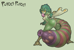 Rule 34 | 1girl, anus, ass, breasts, character name, colored skin, female focus, from behind, full body, green background, green hair, green skin, highres, long tongue, looking back, monster girl, monster hunter (series), monster hunter: world, muhut, nipples, nude, personification, pukei-pukei, pussy, simple background, solo, standing, tail, tongue, tongue out, uncensored, wings, yellow eyes