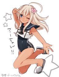 Rule 34 | 10s, 1girl, ;), ahoge, bare legs, blue eyes, child, crop top, flower, full body, hair between eyes, hair flower, hair ornament, kadokawa shoten, kantai collection, long hair, minamiya mia, one-piece swimsuit, one eye closed, outstretched arm, ro-500 (kancolle), school uniform, serafuku, silver hair, simple background, slippers, smile, solo, swimsuit, tan, tanline, tareme, translation request, v, v over eye, white background