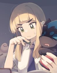 Rule 34 | 1girl, alternate color, blonde hair, character request, closed mouth, collared shirt, commentary request, creatures (company), game freak, gen 1 pokemon, gen 5 pokemon, green eyes, grey background, highres, holding, holding pen, holding poke ball, jigglypuff, long hair, looking away, looking down, natsuki teru, necktie, nintendo, pen, poke ball, poke ball (basic), pokemon, pokemon (creature), purple necktie, shiny pokemon, shirt, short sleeves, simple background, sweat, thick eyebrows, upper body, v-shaped eyebrows, white shirt, zorua