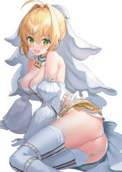 Rule 34 | 1girl, ahoge, ass, bare shoulders, belt, blonde hair, breasts, bridal veil, cleavage, detached sleeves, fate/extra, fate/extra ccc, fate (series), garter belt, gloves, green eyes, hair between eyes, hair intakes, highres, large breasts, lock, looking at viewer, nero claudius (bride) (fate), nero claudius (bride) (second ascension) (fate), nero claudius (fate), nero claudius (fate) (all), open mouth, padlock, padlocked collar, panties, short hair, simple background, smile, solo, thighhighs, tsukise miwa, underwear, veil, white background, white gloves, white panties, white thighhighs