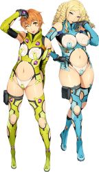 Rule 34 | 2girls, arm behind back, blonde hair, blue eyes, blue thighhighs, blush, breasts, drill hair, earrings, full body, furoria frank, gloves, hand on own hip, highres, jewelry, multiple girls, navel, official art, orange eyes, orange hair, parted bangs, standing, super robot wars, super robot wars x-omega, thighhighs, tongue, transparent background, watanabe wataru (character designer)