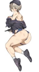 Rule 34 | 1girl, absurdres, ass, backless outfit, bandaid, bandaid on face, bandaid on nose, bare shoulders, black footwear, black hat, black jacket, blood, blood on face, blue eyes, blue leotard, blue shorts, blush, damaged, ear piercing, facial scar, full body, grey hair, gun, hair between eyes, halterneck, handgun, hat, highres, holding, holding gun, holding weapon, jacket, leotard, leotard under clothes, long sleeves, looking at viewer, looking back, mole, mole under eye, nail polish, open clothes, open jacket, original, piercing, purple nails, revolver, scar, scar on cheek, scar on face, short hair, short shorts, shorts, simple background, solo, sweatdrop, thigh strap, thighs, thong leotard, torn clothes, torn leotard, transparent background, trigger discipline, urec, weapon, white background