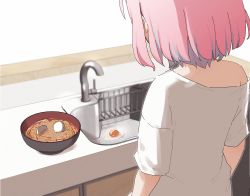 Rule 34 | 1girl, bare shoulders, blue hair, blurry, blurry background, bowl, commentary request, cracked egg, depth of field, egg, eggshell, facing away, failure, faucet, food, highres, idolmaster, idolmaster cinderella girls, indoors, multicolored hair, noodles, off shoulder, pink hair, shirt, short sleeves, sink, solo, streaked hair, white shirt, you&#039;re doing it wrong, yukie (kusaka shi), yumemi riamu