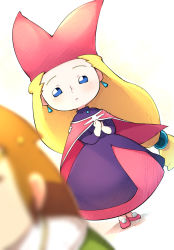 Rule 34 | 1boy, 1girl, blonde hair, blue eyes, blurry, blurry foreground, brown hair, cape, dutch angle, earrings, hands up, hat, jester cap, jewelry, long hair, long skirt, low-tied long hair, narcia, open mouth, own hands together, pietro pakapuka, pink cape, pink footwear, pink headwear, pink skirt, popolocrois, skirt, standing, very long hair, youhei 64d