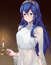 Rule 34 | 1girl, ameno (a meno0), bad id, bad twitter id, blue eyes, blue hair, blush, candle, closed mouth, dress, fire emblem, fire emblem awakening, hair between eyes, hairband, holding, holding candle, indoors, long hair, long sleeves, looking at viewer, lucina (fire emblem), nintendo, smile, solo, standing, upper body, very long hair, white dress