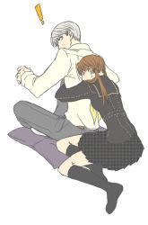 Rule 34 | 1boy, 1girl, aged up, atlus, bad id, bad pixiv id, brown hair, doujima nanako, grey hair, hetero, hug, hug from behind, magi12, narukami yuu, persona, persona 4, school uniform