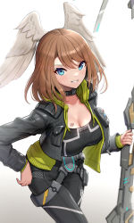 Rule 34 | 1girl, absurdres, belt, black bodysuit, black choker, black jacket, black pants, black shirt, blue eyes, blue pupils, bodysuit, breast tattoo, breasts, brown hair, choker, cleavage, commentary request, cowboy shot, eunie (xenoblade), feathered wings, feathers, gonzarez, gradient background, grey background, grin, hair between eyes, hand on own hip, head wings, highres, holding, holding weapon, hood, hoodie, jacket, large breasts, leather, leather jacket, long hair, long sleeves, looking at viewer, open clothes, open hoodie, open jacket, pants, shirt, smile, solo, standing, tattoo, v-shaped eyebrows, weapon, white background, white wings, wings, xenoblade chronicles (series), xenoblade chronicles 3, yellow hoodie