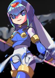 Rule 34 | 1girl, absurdres, android, black background, blue eyes, blue hair, breasts, helmet, highres, holding, holding polearm, holding weapon, fairy leviathan (mega man), looking at viewer, mega man (series), mega man zero (series), open mouth, pokefia, polearm, smile, spear, standing, thighhighs, water, weapon
