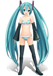 Rule 34 | 1girl, aqua eyes, aqua hair, bad id, bad pixiv id, bikini, blush, boots, bra, detached sleeves, eto, full body, hatsune miku, lingerie, long hair, panties, simple background, solo, strapless, strapless bra, striped clothes, striped panties, swimsuit, thigh boots, thighhighs, twintails, underwear, underwear only, very long hair, vocaloid