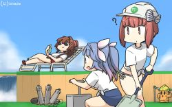 Rule 34 | 3girls, ?, bikini, bikini bottom only, bikini under clothes, blue hair, blue one-piece swimsuit, blue sky, bottle, brown eyes, cactus, chair, character request, cloud, commentary request, crossover, dated, day, detonator, fang, hair ribbon, hamu koutarou, hard hat, helmet, highres, i-19 (kancolle), kantai collection, long hair, lounge chair, lying, multiple girls, one-hour drawing challenge, one-piece swimsuit, open mouth, outdoors, plunger, red hair, red sarong, ribbon, sarong, school swimsuit, shirt, short hair, shovel, side-tie bikini bottom, skin fang, sky, smile, sunglasses, swimsuit, swimsuit under clothes, t-shirt, tied shirt, torpedo, tri tails, water, waterfall, white bikini, white shirt, yamato (kancolle), z3 max schultz (kancolle)
